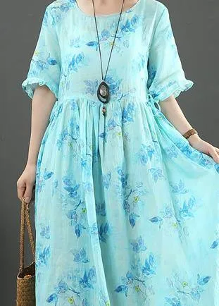 100% o neck Cinched linen summer dresses design blue print Dresses