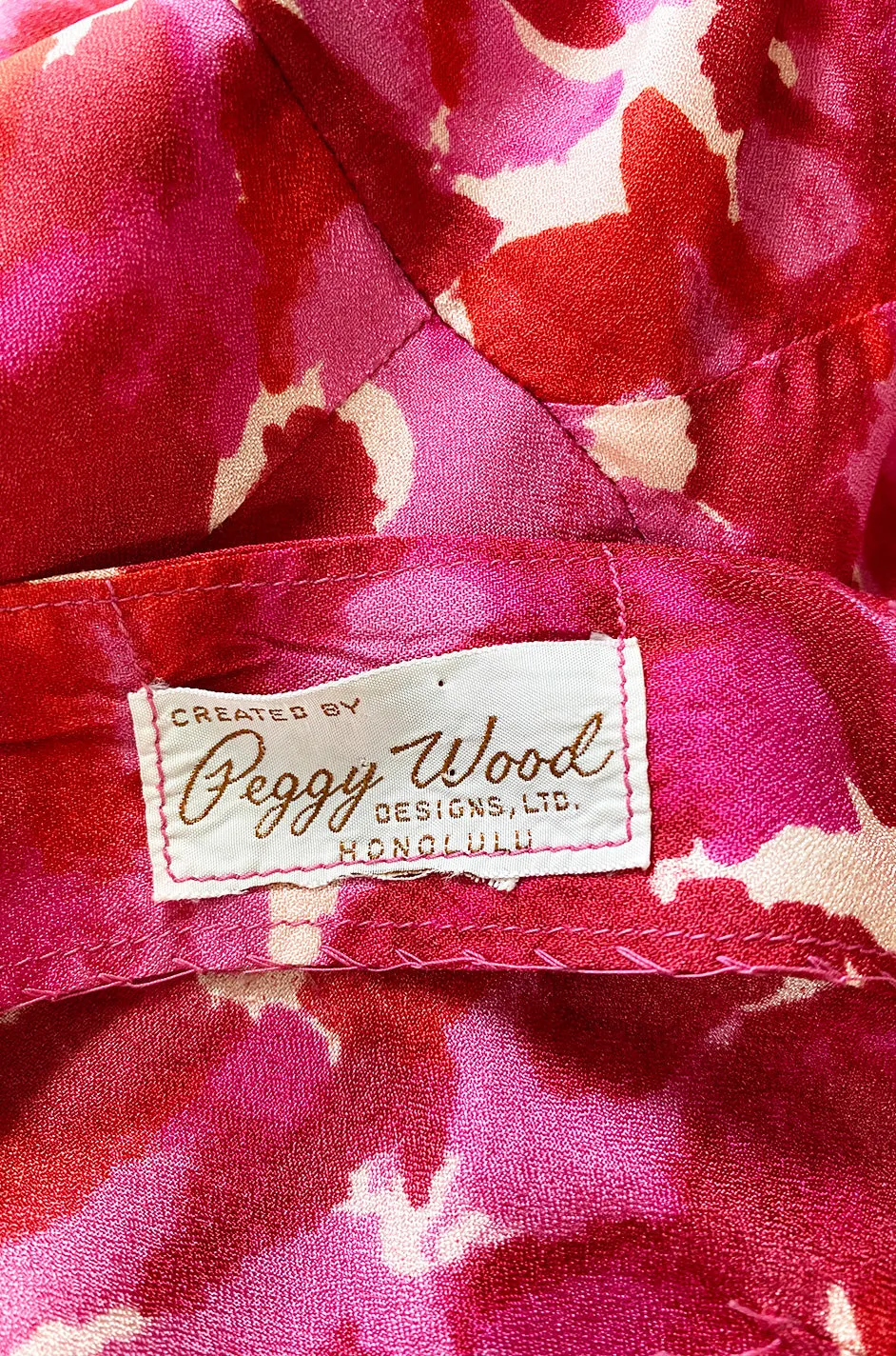 1940s Peggy Wood Pink Printed Silky Rayon Crepe Hawaiian Sarong Dress