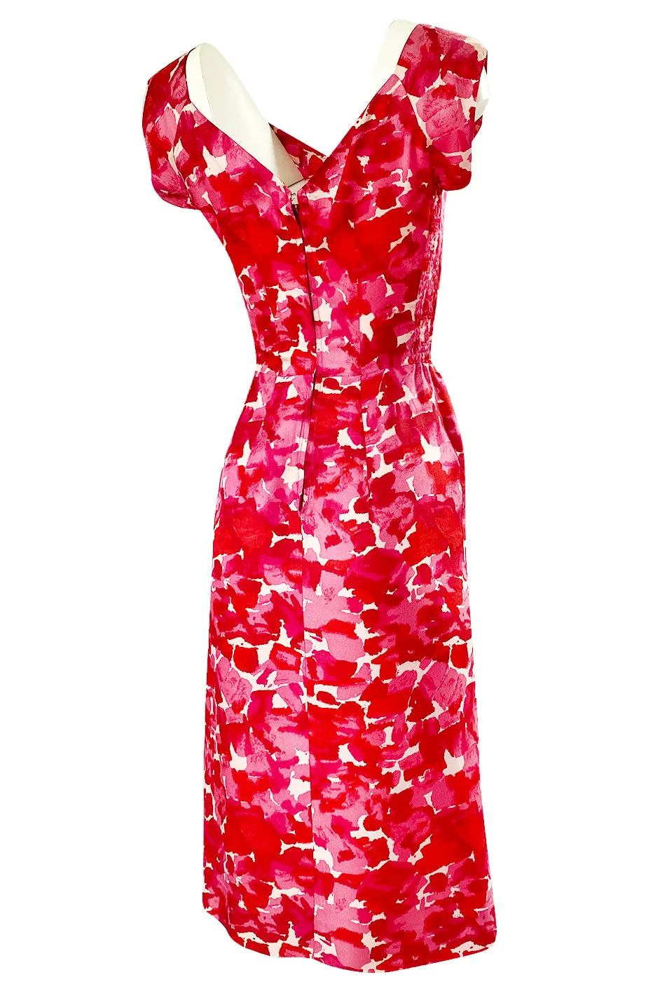 1940s Peggy Wood Pink Printed Silky Rayon Crepe Hawaiian Sarong Dress