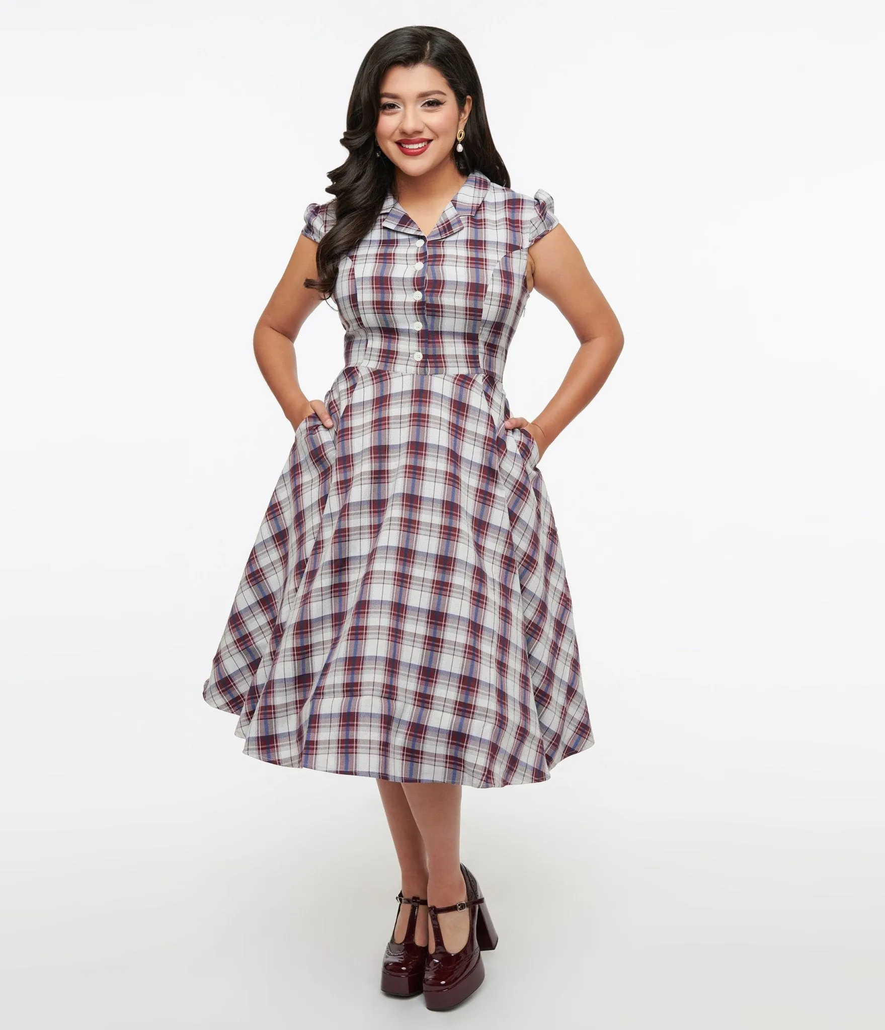 1950s Brown & Blue Plaid Swing Dress