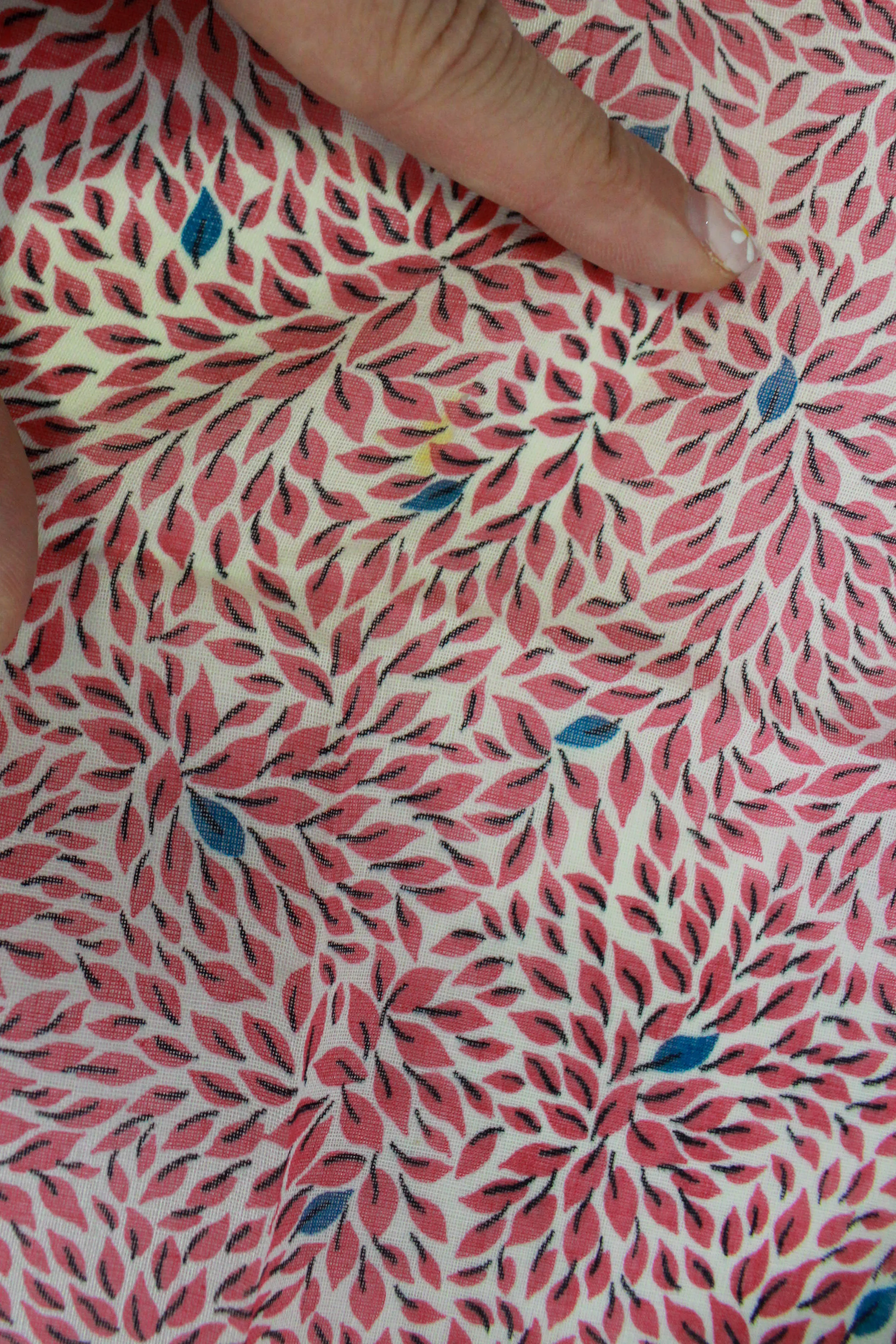 1950s Cotton Fabric, 9 Yards, Pink Abstract Leaf Print Sheer Sewing Fabric