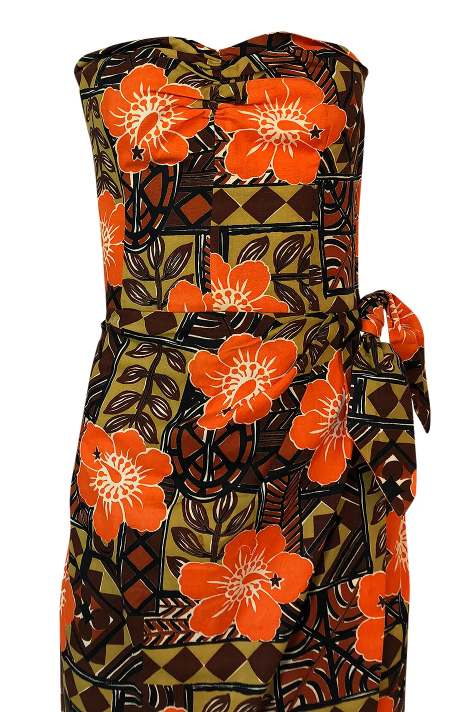 1950s Unlabeled Cotton Hawaiian Orange & Tan Floral Print Dress