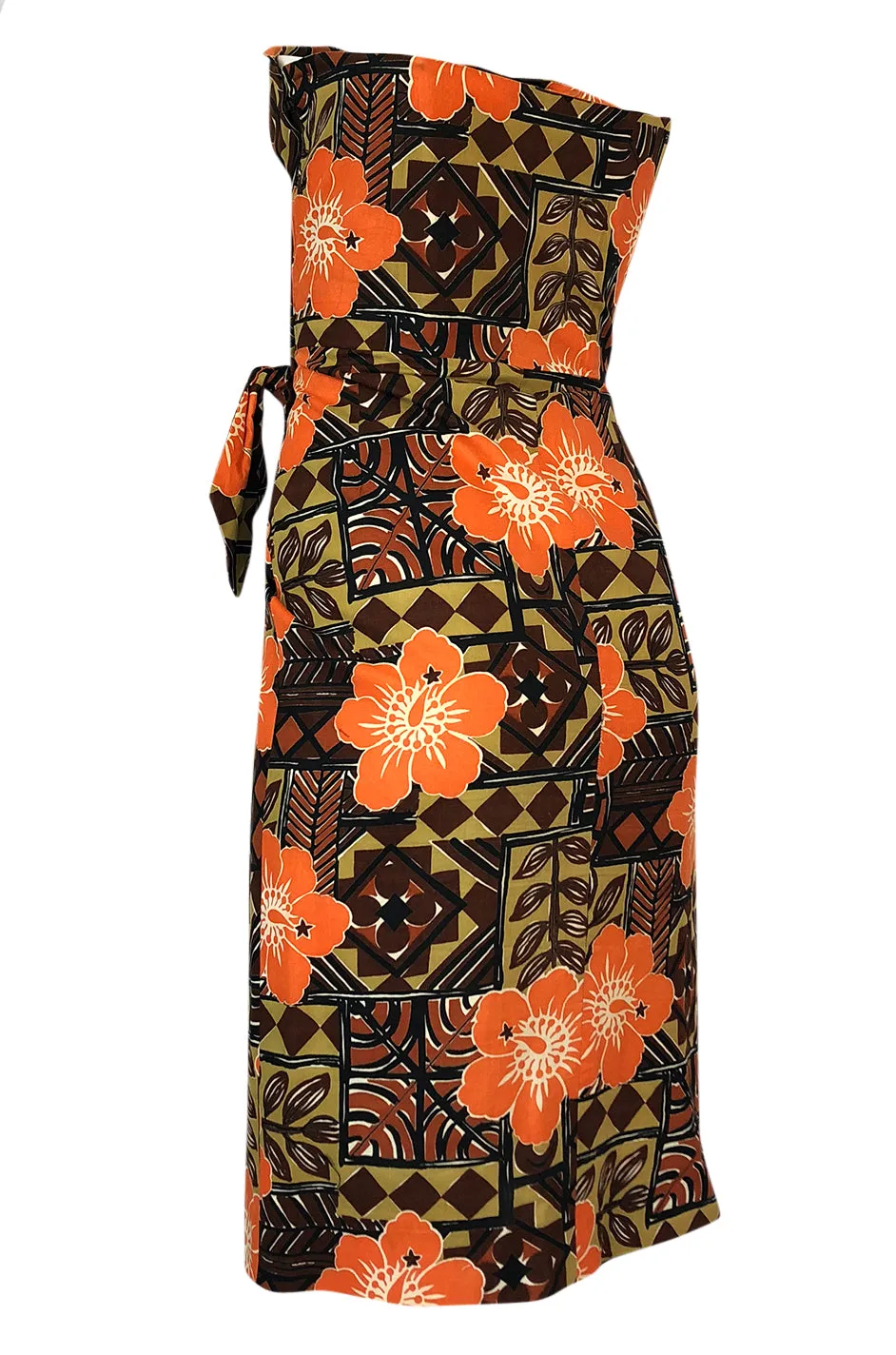 1950s Unlabeled Cotton Hawaiian Orange & Tan Floral Print Dress