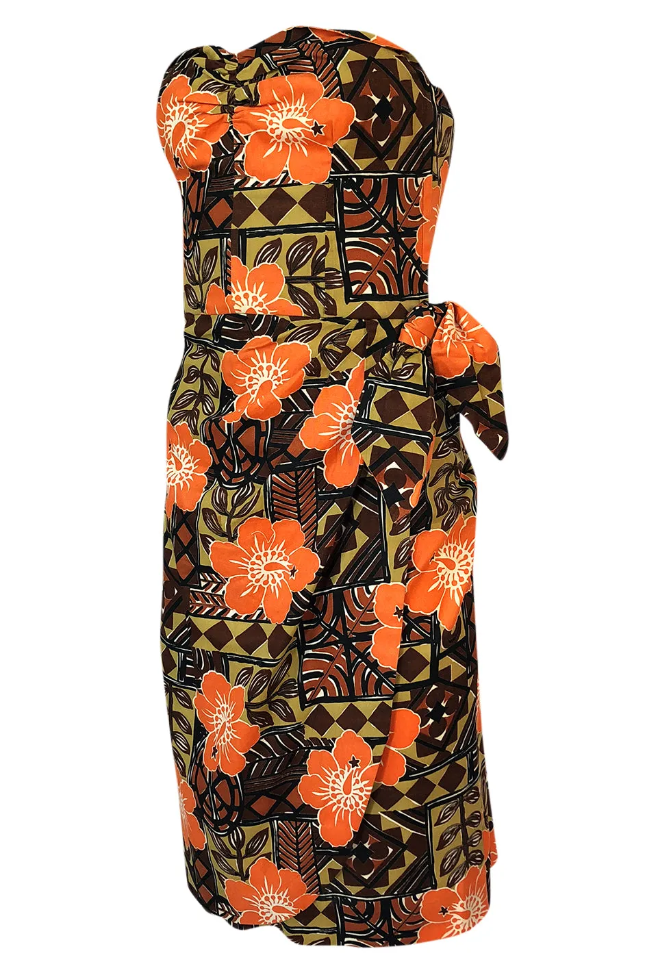 1950s Unlabeled Cotton Hawaiian Orange & Tan Floral Print Dress