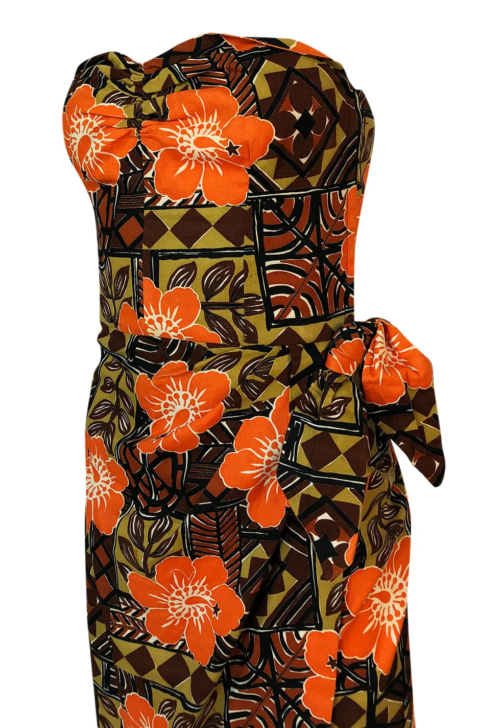 1950s Unlabeled Cotton Hawaiian Orange & Tan Floral Print Dress