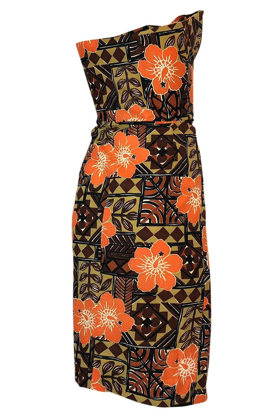 1950s Unlabeled Cotton Hawaiian Orange & Tan Floral Print Dress