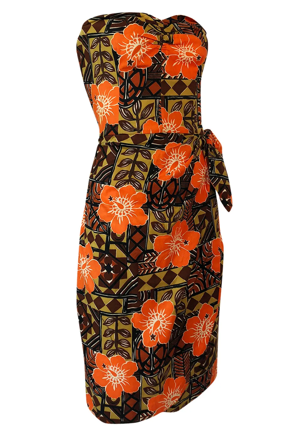 1950s Unlabeled Cotton Hawaiian Orange & Tan Floral Print Dress