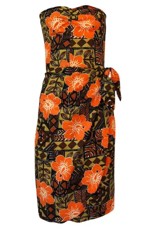 1950s Unlabeled Cotton Hawaiian Orange & Tan Floral Print Dress