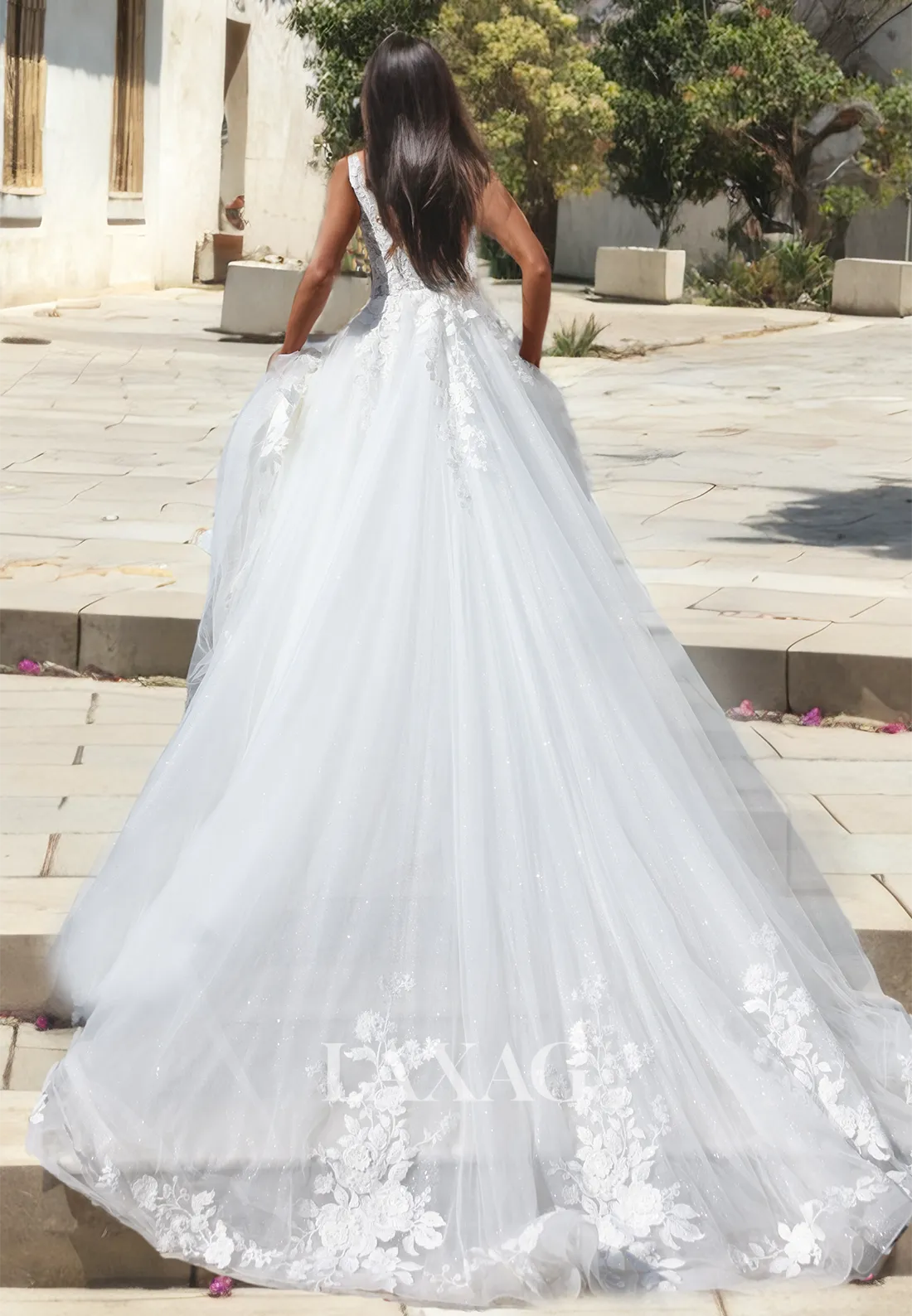 A-Line Low V-Neck Appliques Sequins Tulle Wedding Dress with Train