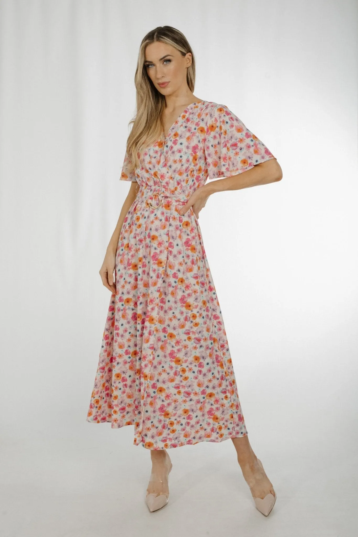 Ally V-Neck Floral Midi Dress In Pastel Mix