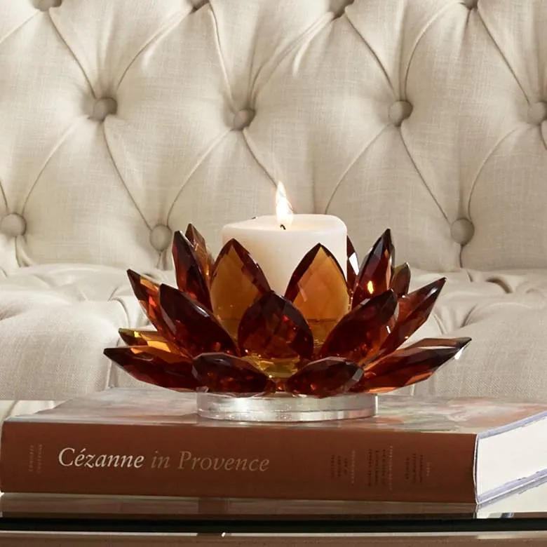 Amber Crystal Glass Lotus Candle Holder