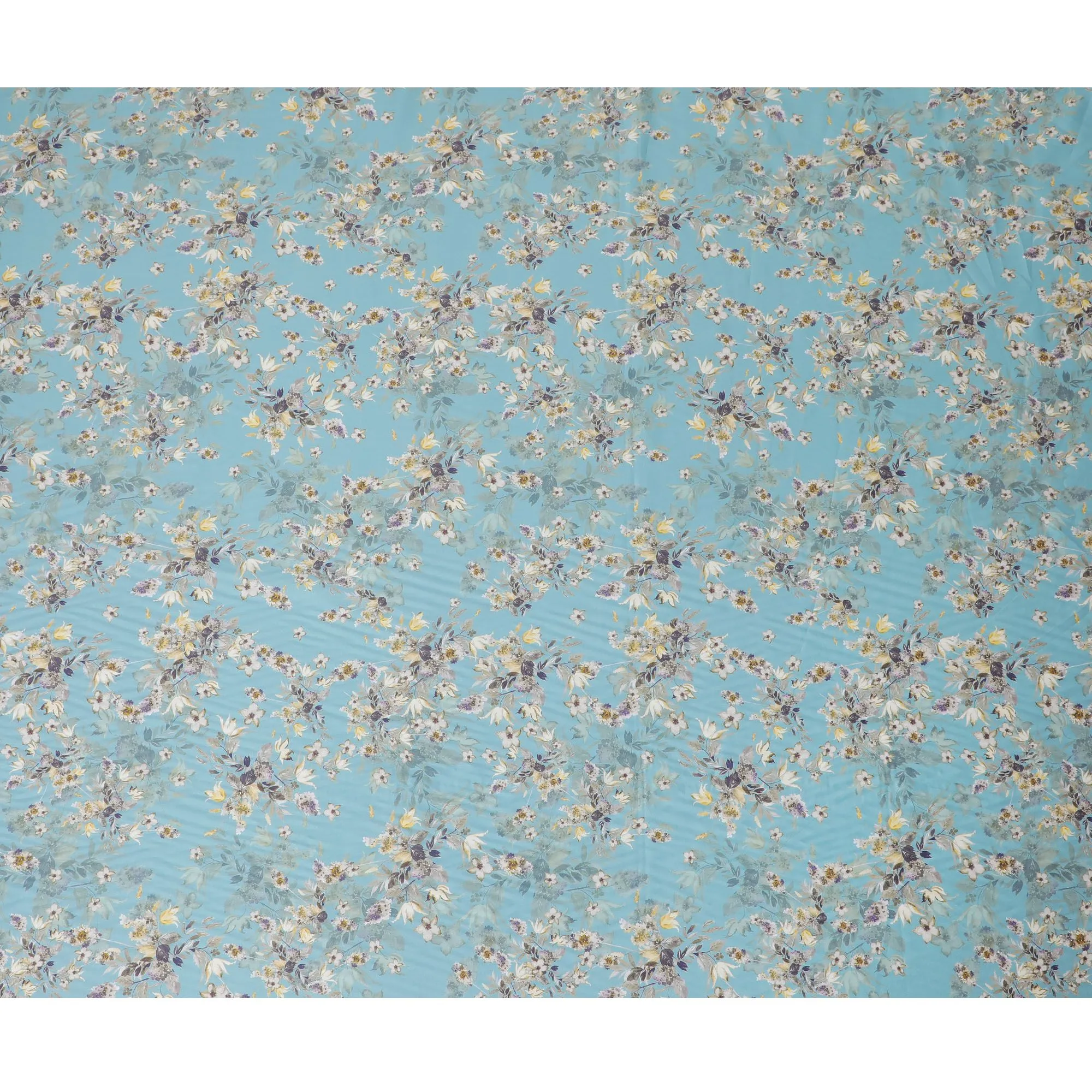 Aqua Floraison Cotton Satin Fabric: Calming Floral Panorama-D17589