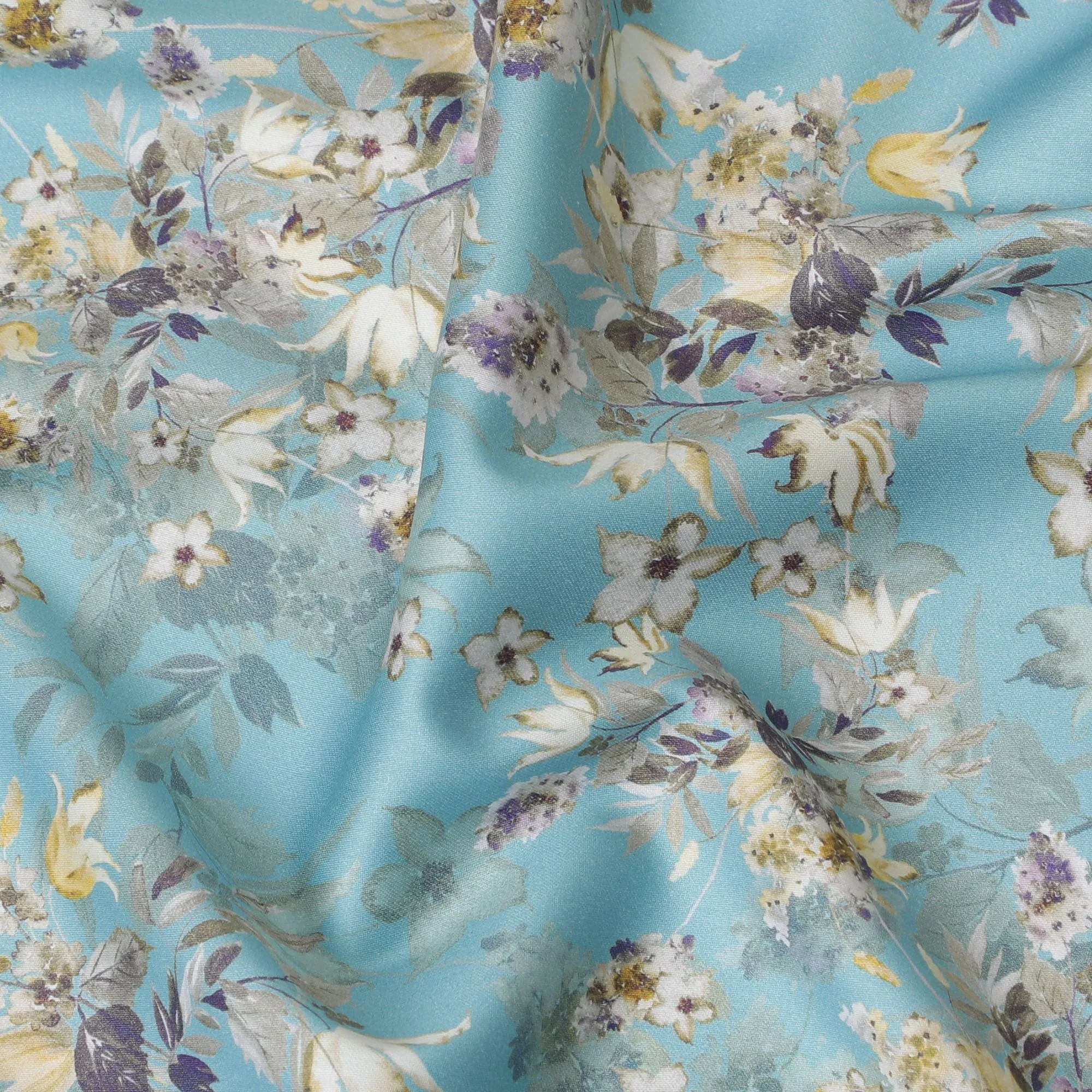 Aqua Floraison Cotton Satin Fabric: Calming Floral Panorama-D17589