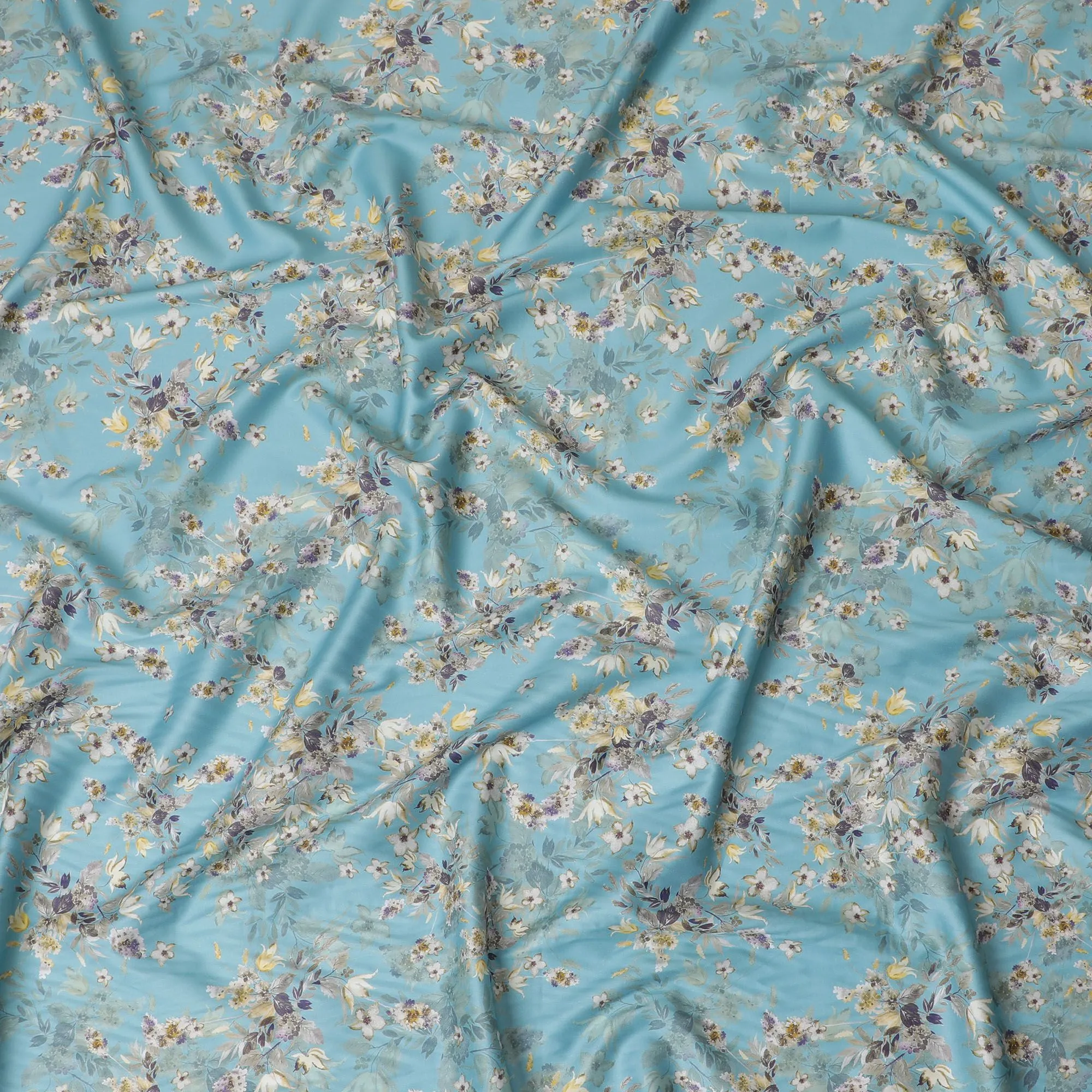 Aqua Floraison Cotton Satin Fabric: Calming Floral Panorama-D17589