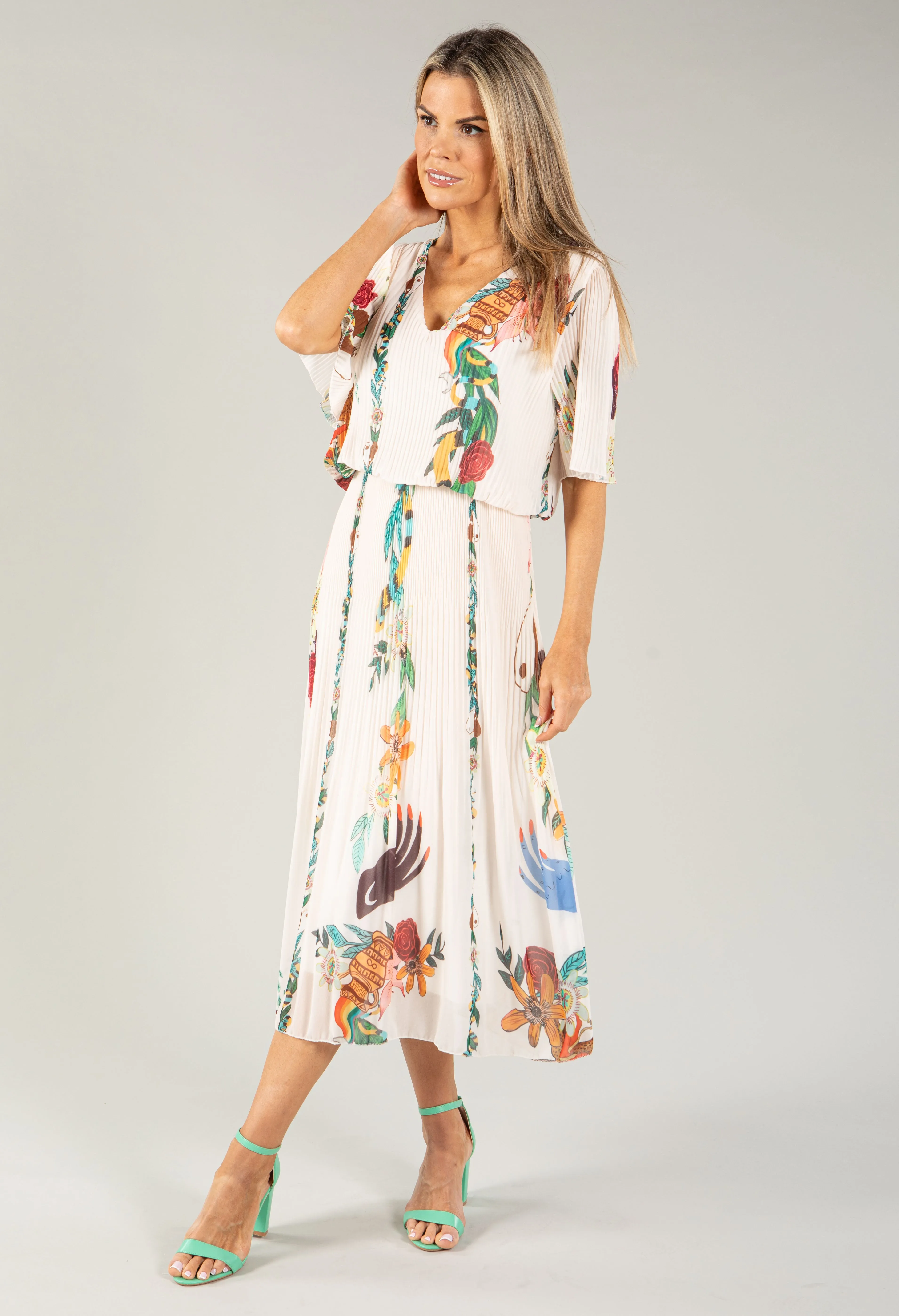 Artistic Print Plisse Pop Over Dress