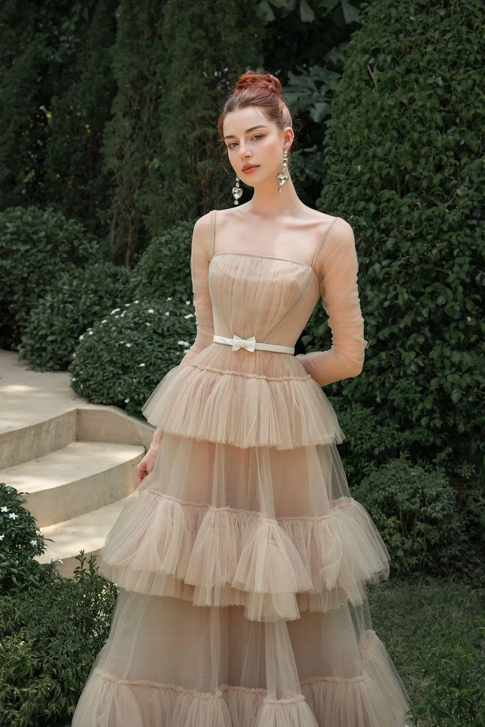 Aura Layered Square Neck Tulle Floor Length Dress