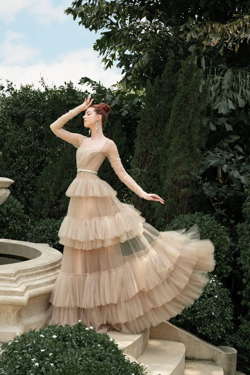 Aura Layered Square Neck Tulle Floor Length Dress