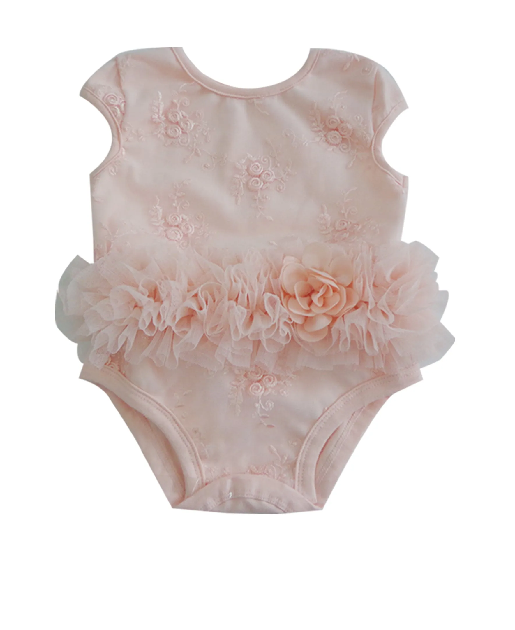 Baby Girls Dusty Rose Embroidered Flower Cap Sleeve Ruffle Bodysuit 0-9M