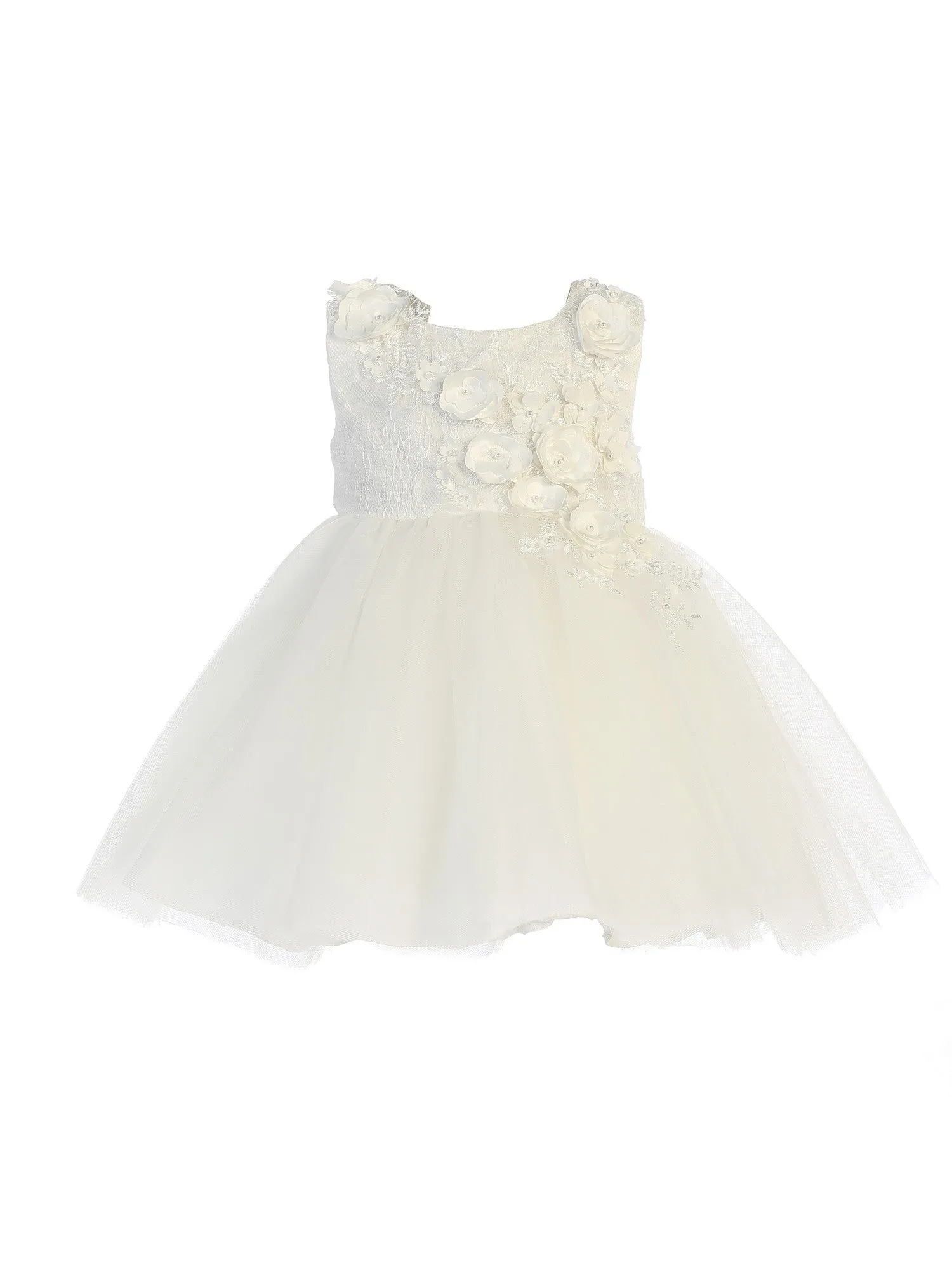 Baby Girls Ivory Shiny 3D Lace Bodice Mesh Skirt Flower Girl Dress 6-24M