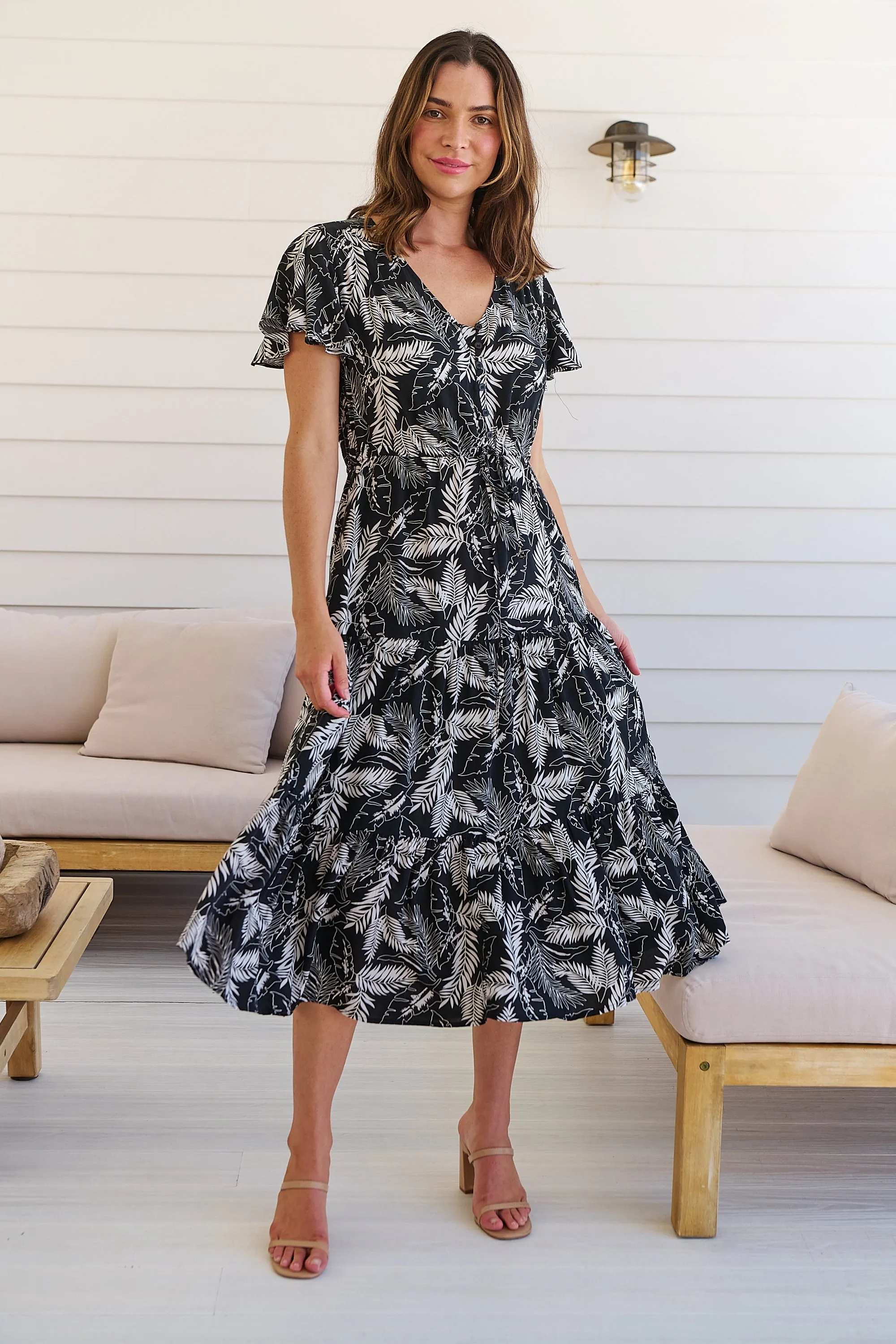 Bailey Black/White Leaf Print Cap Sleeve Midi Dress