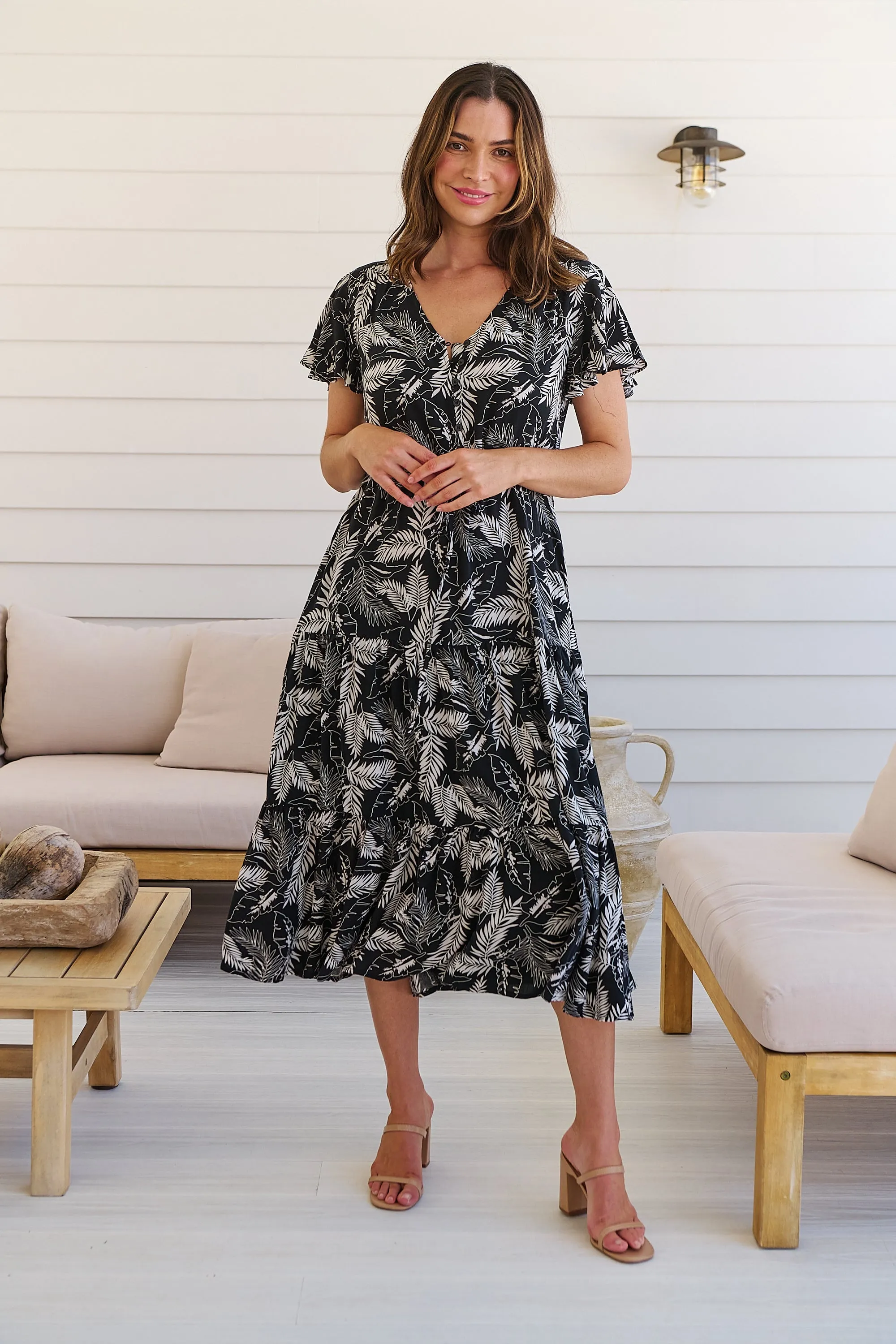 Bailey Black/White Leaf Print Cap Sleeve Midi Dress