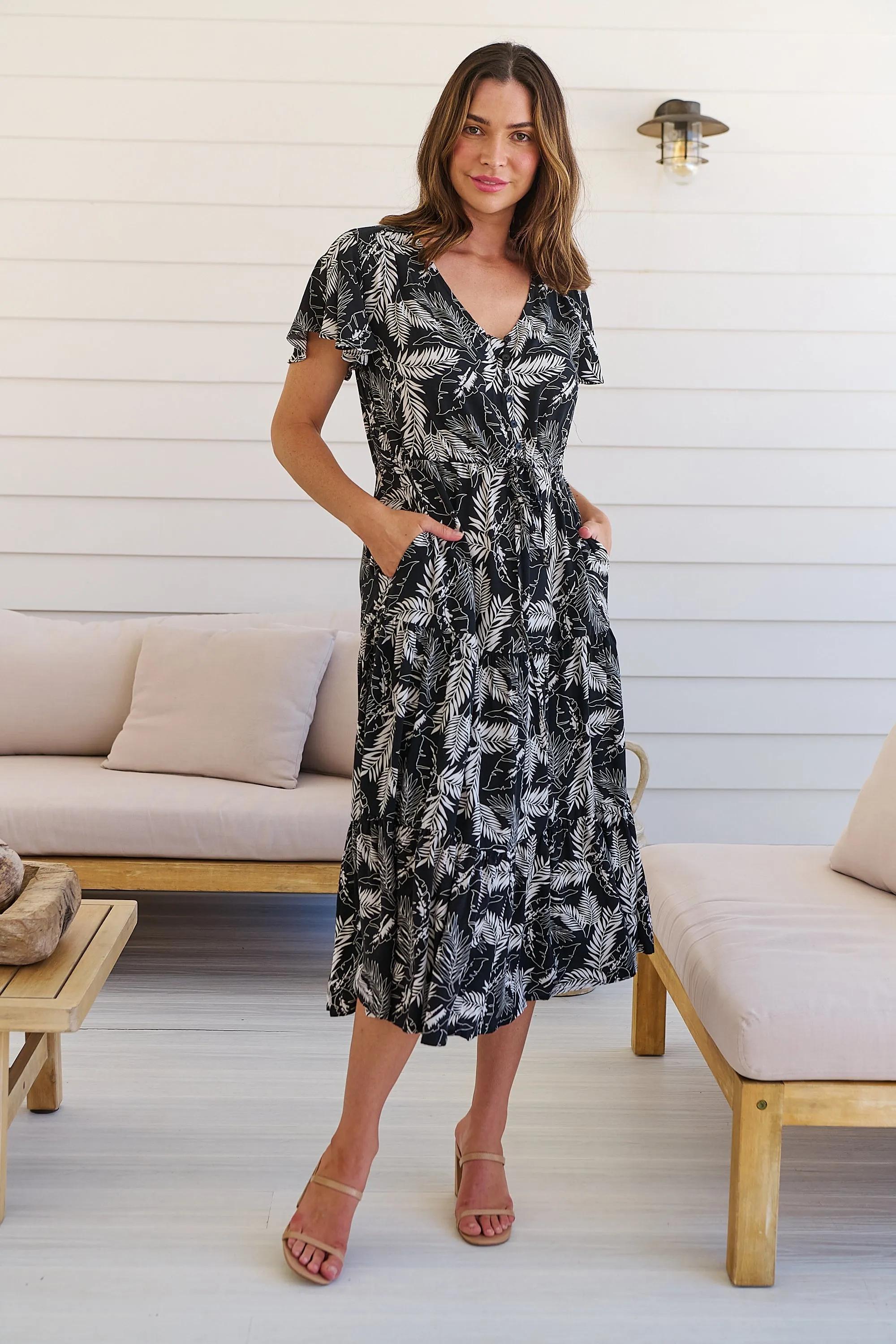 Bailey Black/White Leaf Print Cap Sleeve Midi Dress