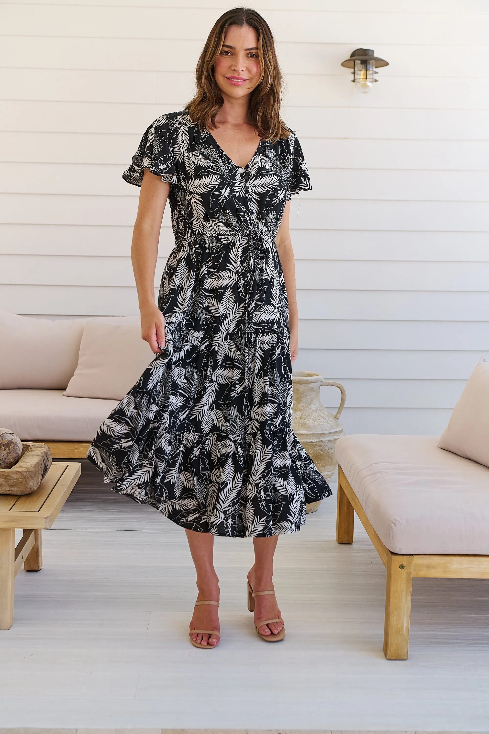 Bailey Black/White Leaf Print Cap Sleeve Midi Dress