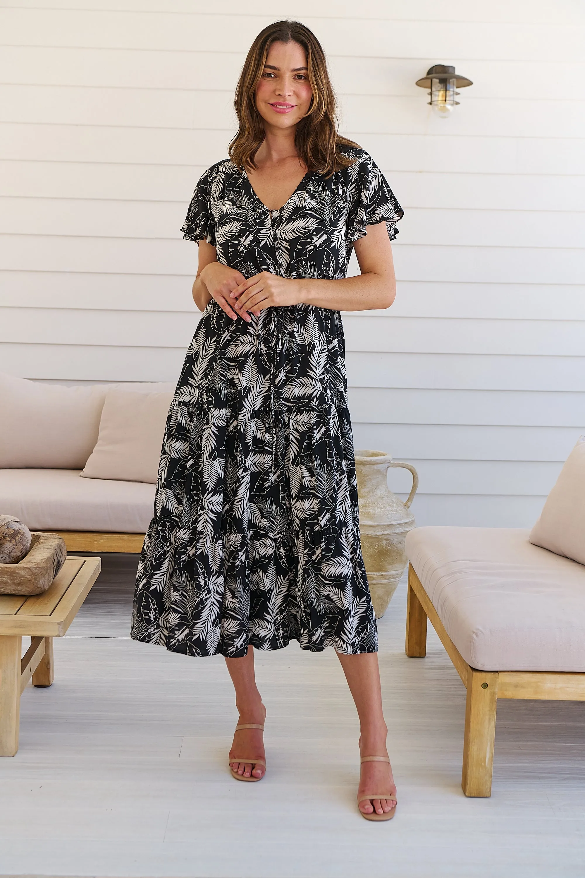 Bailey Black/White Leaf Print Cap Sleeve Midi Dress