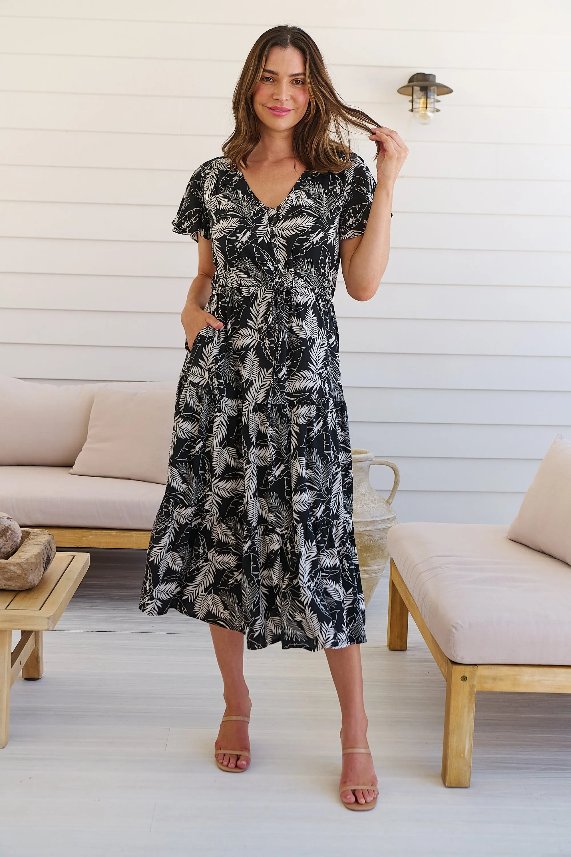 Bailey Black/White Leaf Print Cap Sleeve Midi Dress