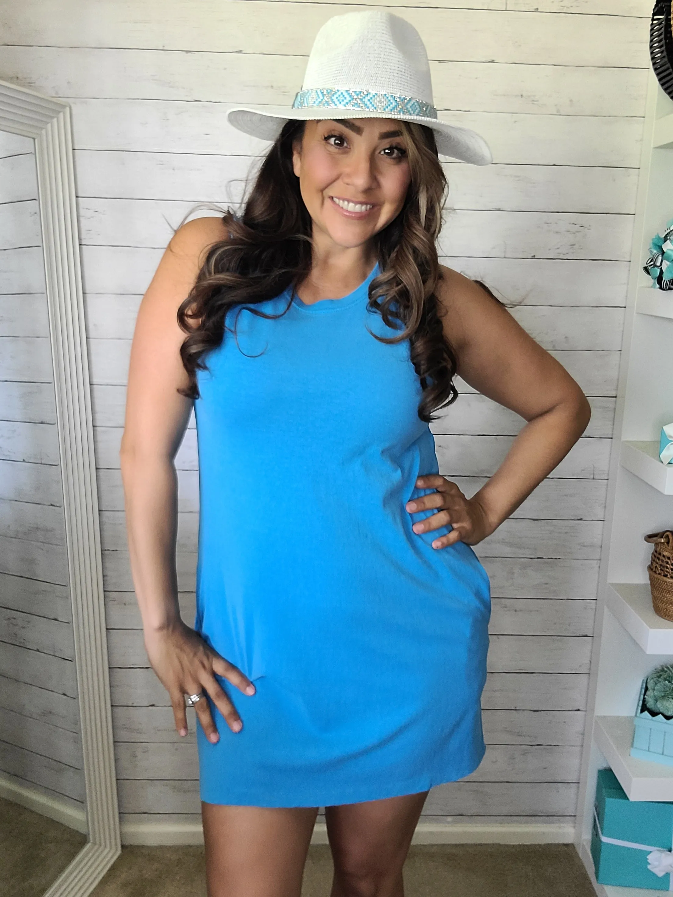 Basic Sleeveless Solid Sky Blue T-shirt Dress