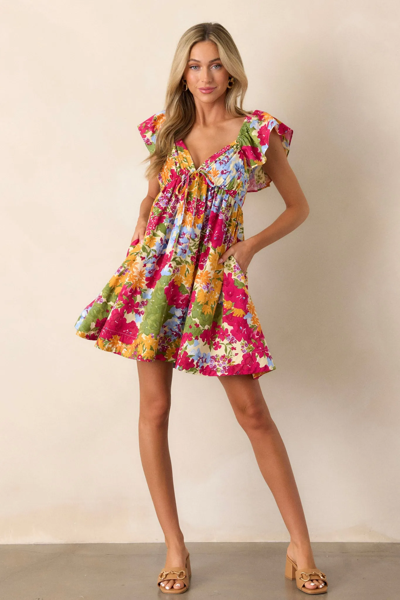 Be Alright Pink Floral Flutter Sleeve Mini Dress