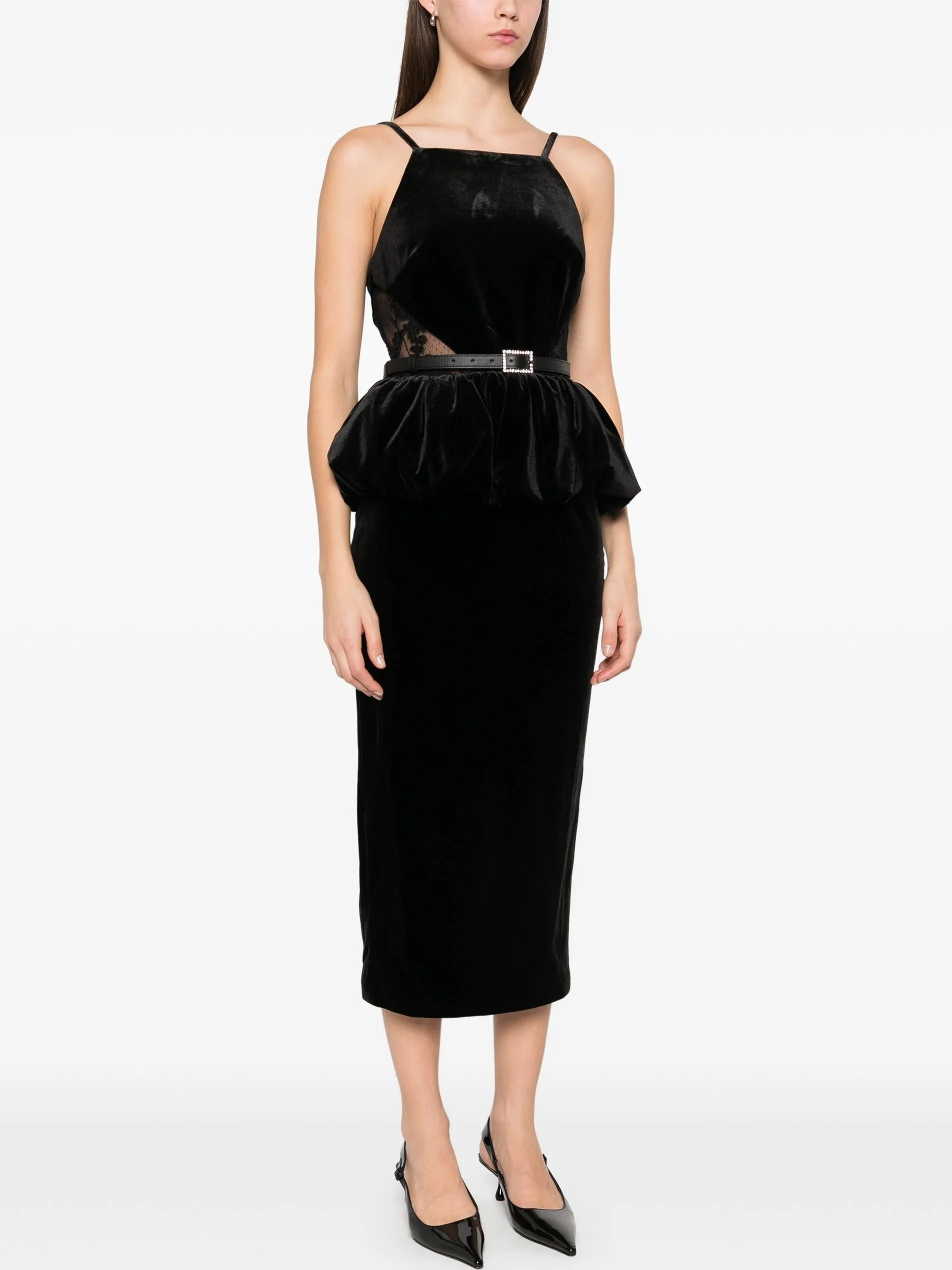 Belted Black Velvet Peplum Dress with Side-Lace Detailing