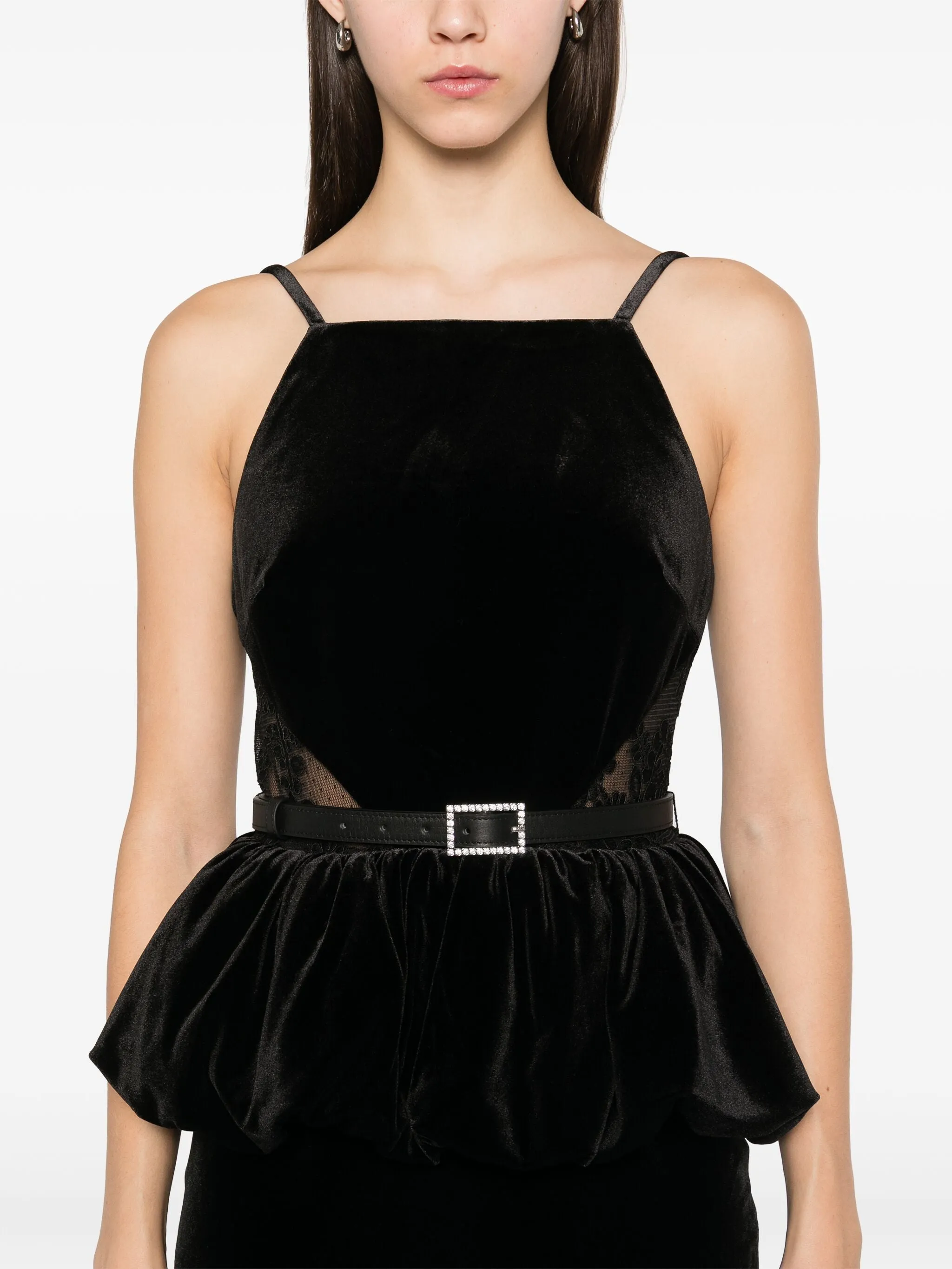 Belted Black Velvet Peplum Dress with Side-Lace Detailing