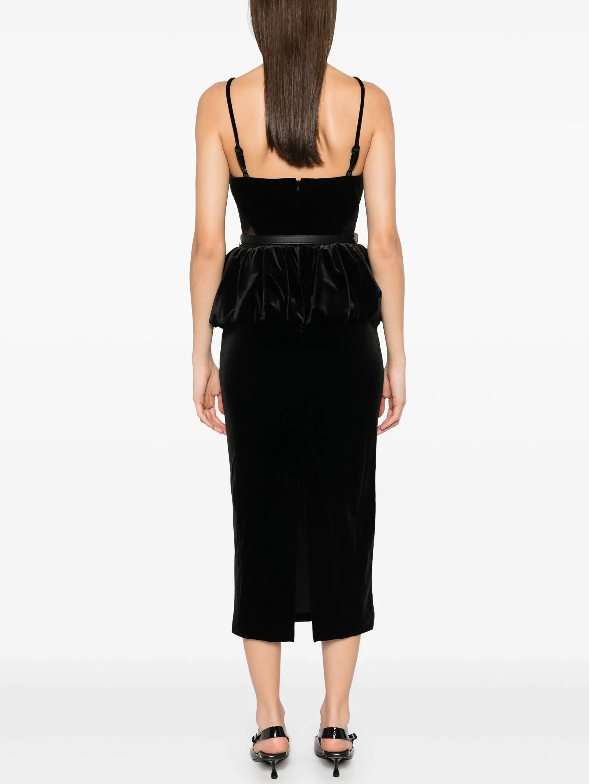 Belted Black Velvet Peplum Dress with Side-Lace Detailing