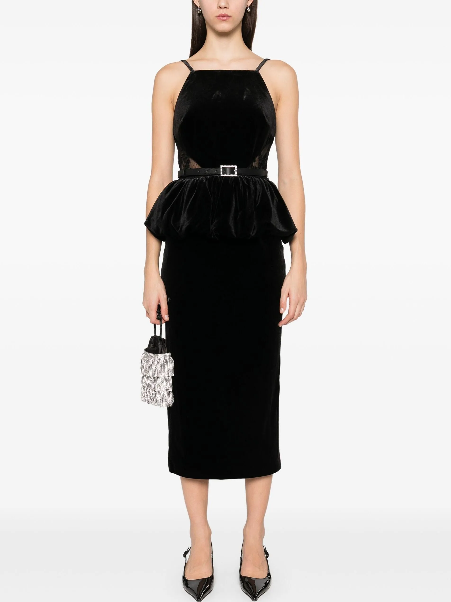 Belted Black Velvet Peplum Dress with Side-Lace Detailing