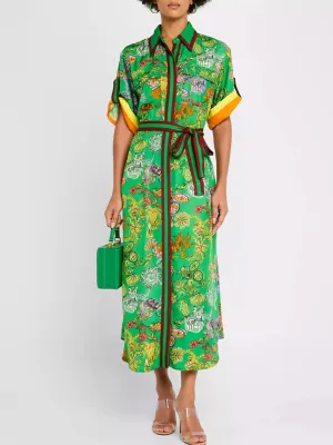 Belted Printed Color Block Trim Midi Shirt Dress