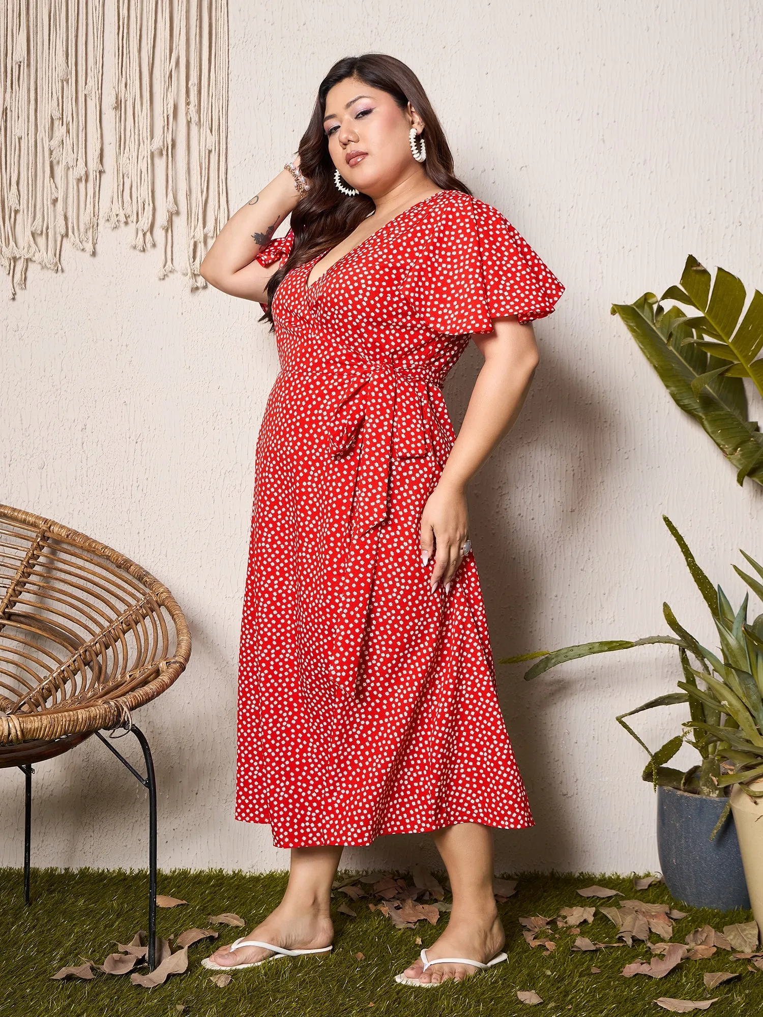 Berrylush Curve Women Red & White Floral Printed V-Neck Flutter Sleeves Waist Tie-Up Wrap Flared Maxi Dress