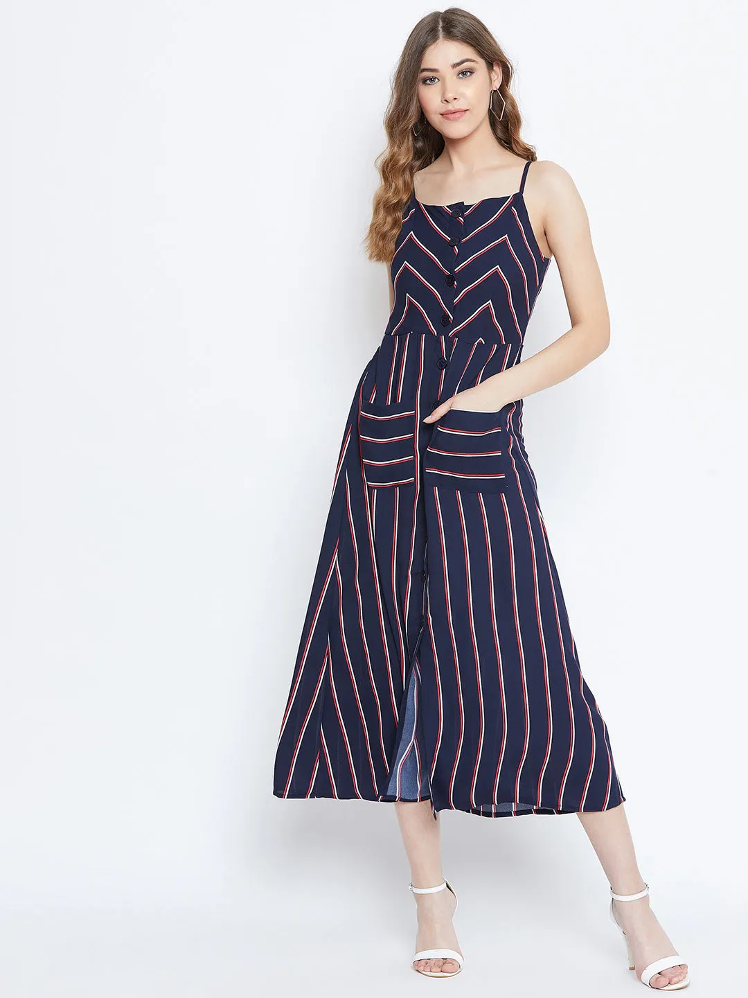 Berrylush Women Navy Blue & Red Striped Pattern Square Neck Fit & Flare Midi Dress