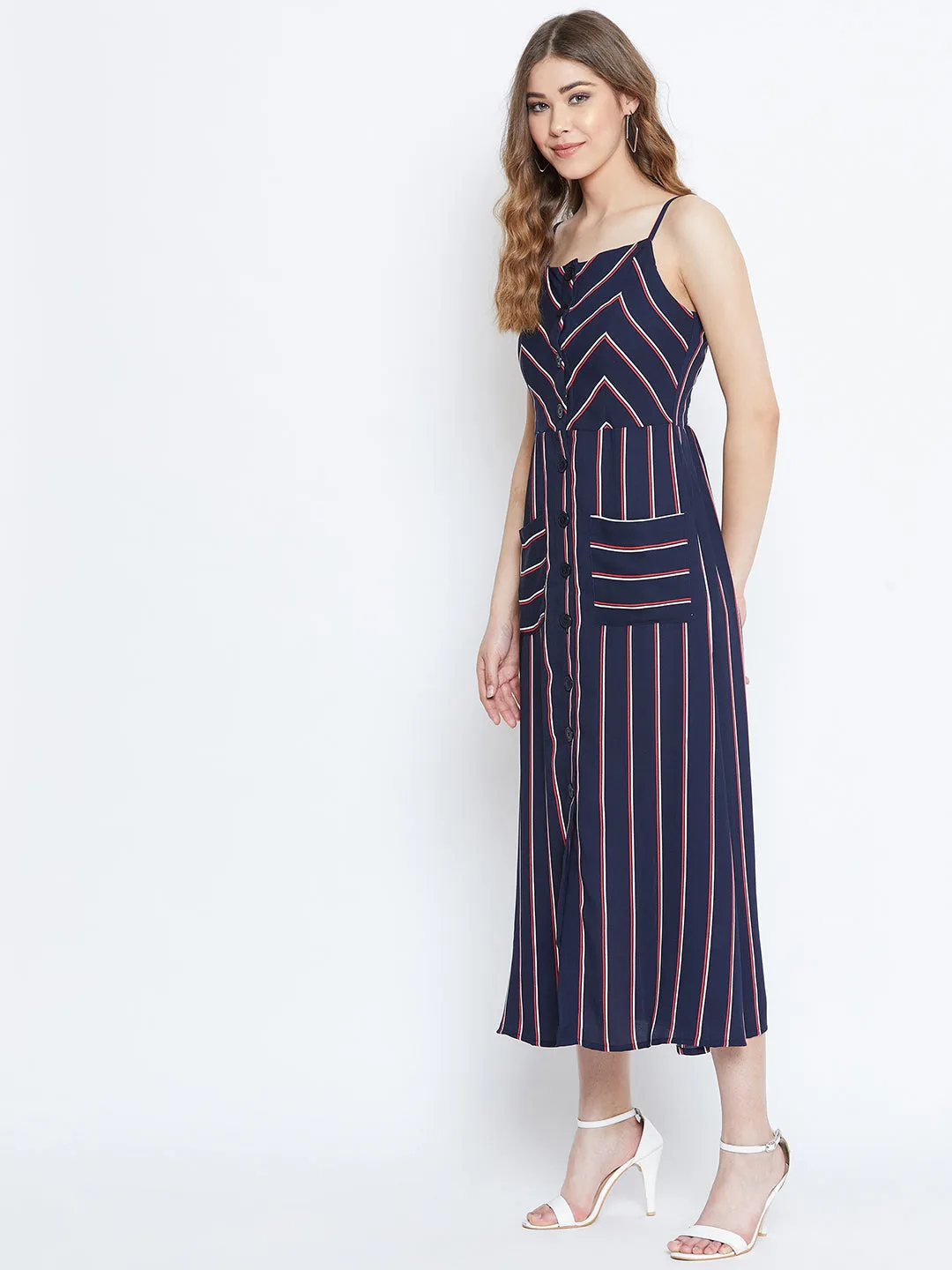 Berrylush Women Navy Blue & Red Striped Pattern Square Neck Fit & Flare Midi Dress