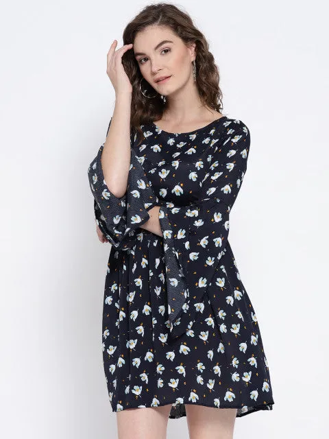 Berrylush Women Navy Blue Floral Printed Round Neck Fit & Flare Mini Dress