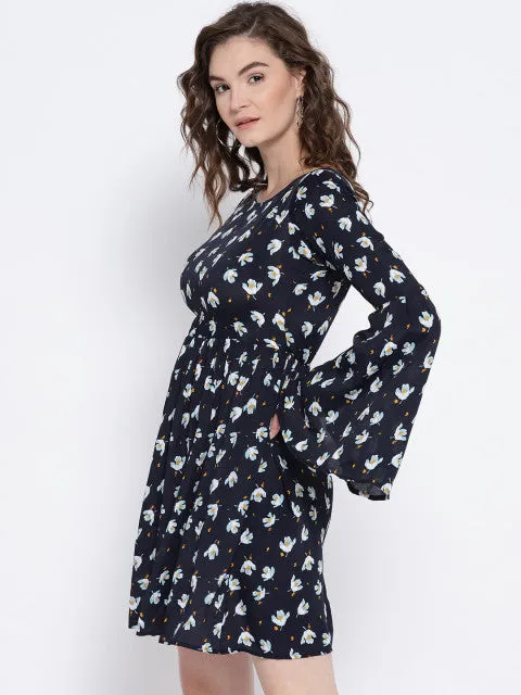 Berrylush Women Navy Blue Floral Printed Round Neck Fit & Flare Mini Dress