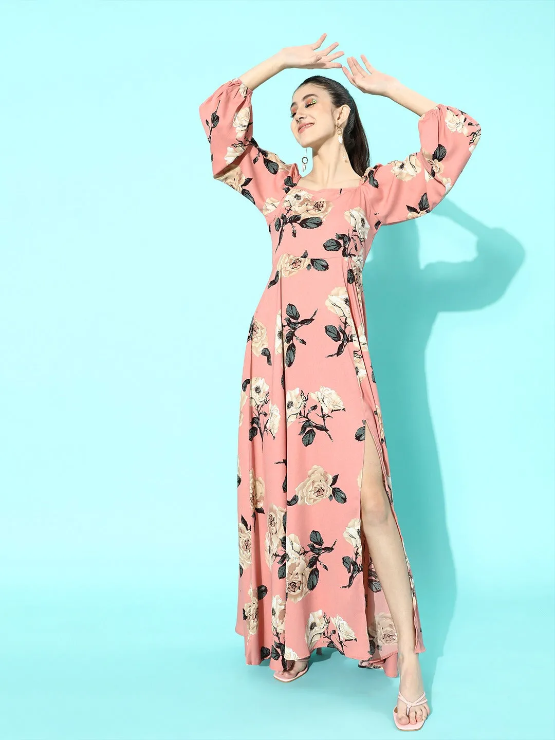 Berrylush Women Nude Pink Floral Printed Square-Neck Thigh-Slit Maxi Dress