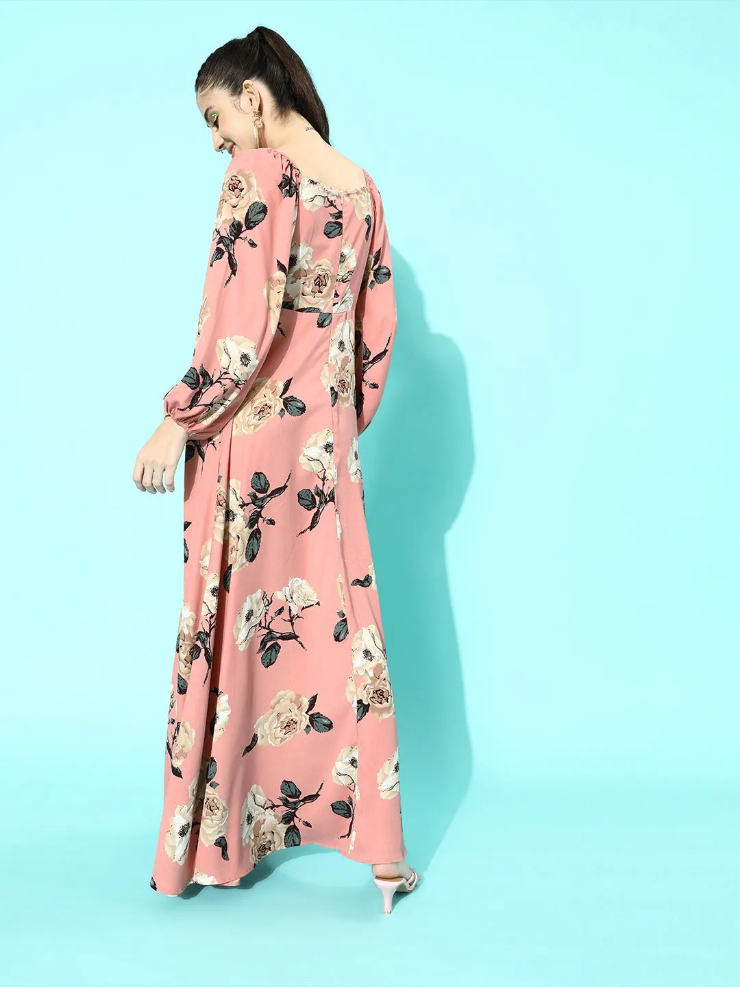 Berrylush Women Nude Pink Floral Printed Square-Neck Thigh-Slit Maxi Dress