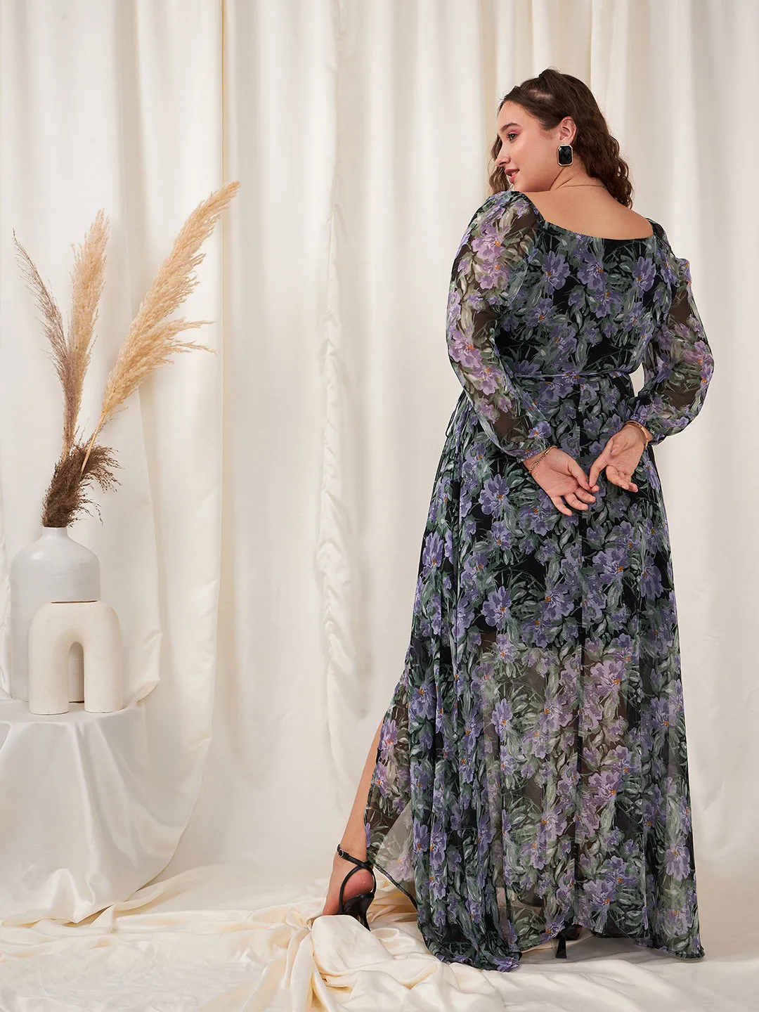 Berrylush Women Plus Size Black, Blue, & Green Floral Printed Sweetheart Neck Waist Tie-Up Georgette Pleated Wrap Maxi Dress