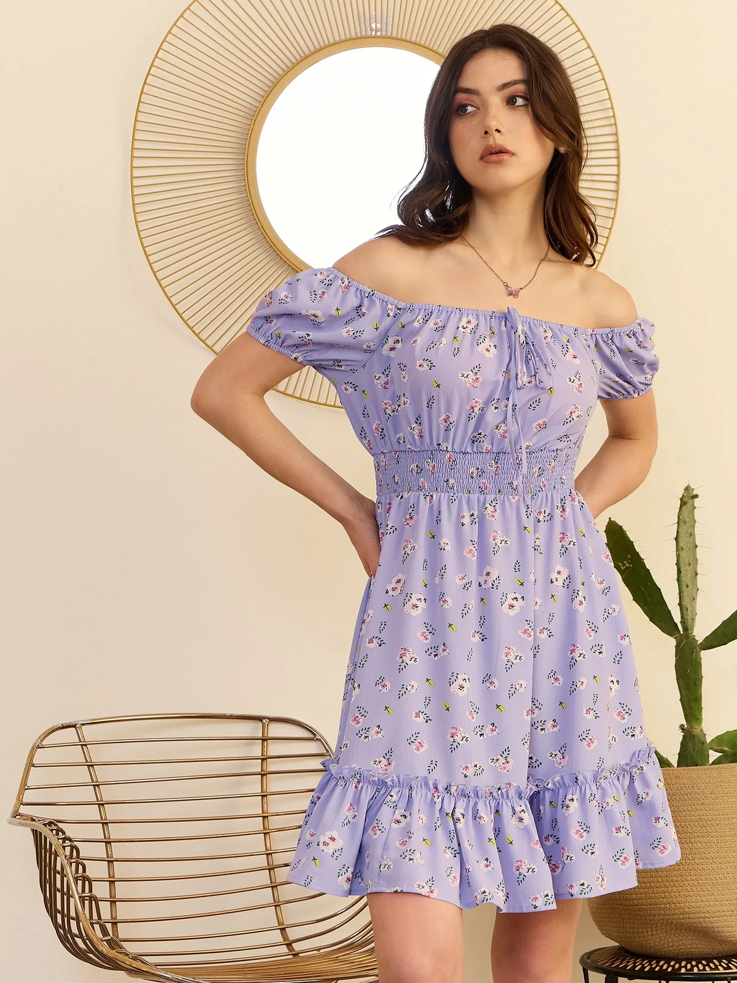 Berrylush Women Purple & White Floral Printed Off-Shoulder Neck Front Tie-Up Pleated Fit & Flare Mini Dress