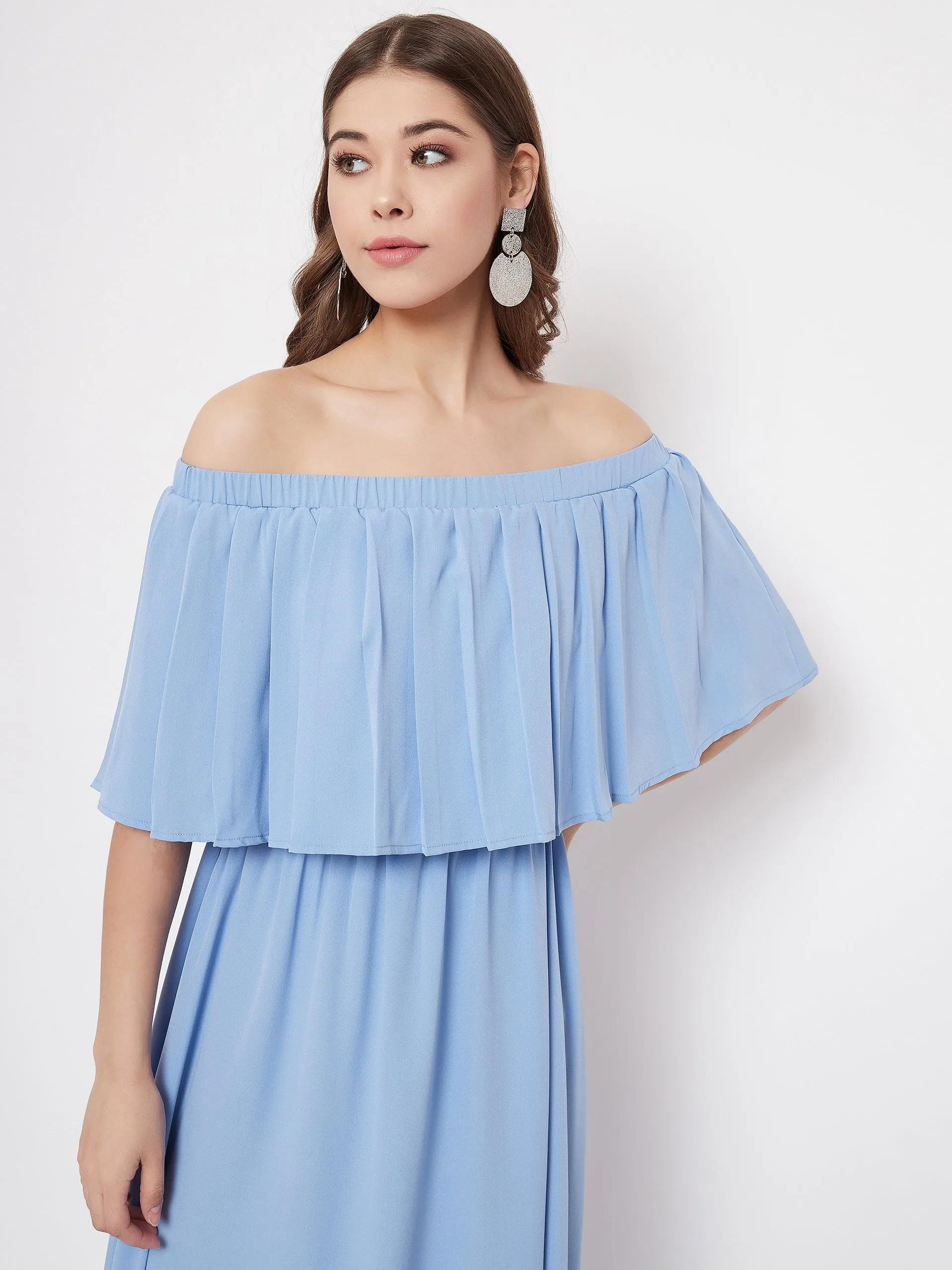 Berrylush Women Solid Blue Off-Shoulder Neck Three-Quarter Sleeve Pleated Maxi Dress