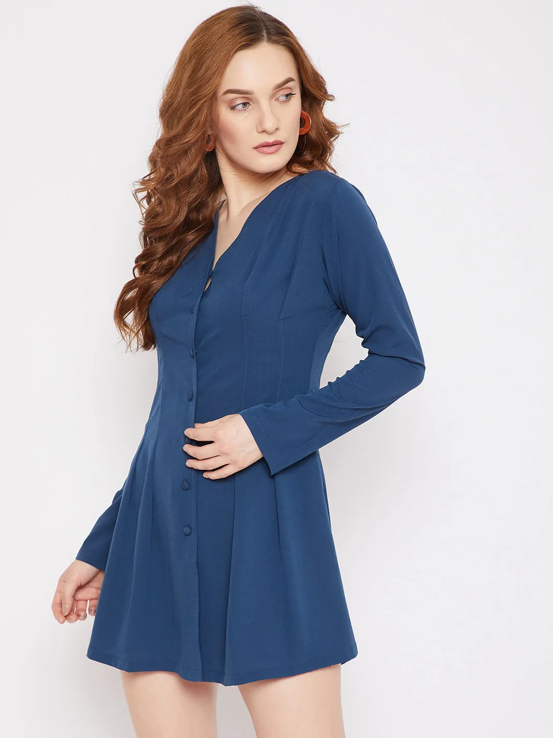 Berrylush Women Solid Blue V-Neck Front Button-Up Flared Mini Shirt Dress