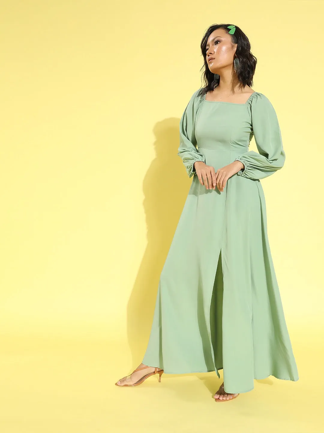 Berrylush Women Solid Green Square Neck Puff Sleeves Crepe Flared Maxi Dress