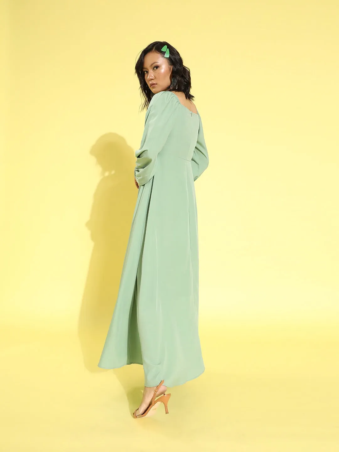 Berrylush Women Solid Green Square Neck Puff Sleeves Crepe Flared Maxi Dress