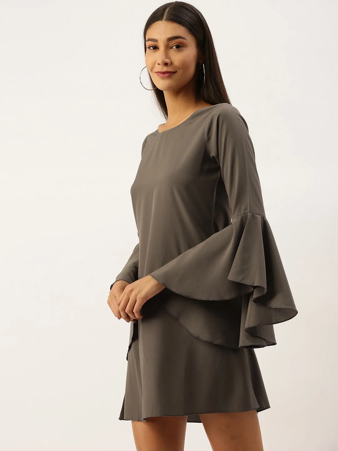 Berrylush Women Solid Grey Round Neck Bell Sleeves Crepe Straight Hem Ruffled A-Line Mini Dress